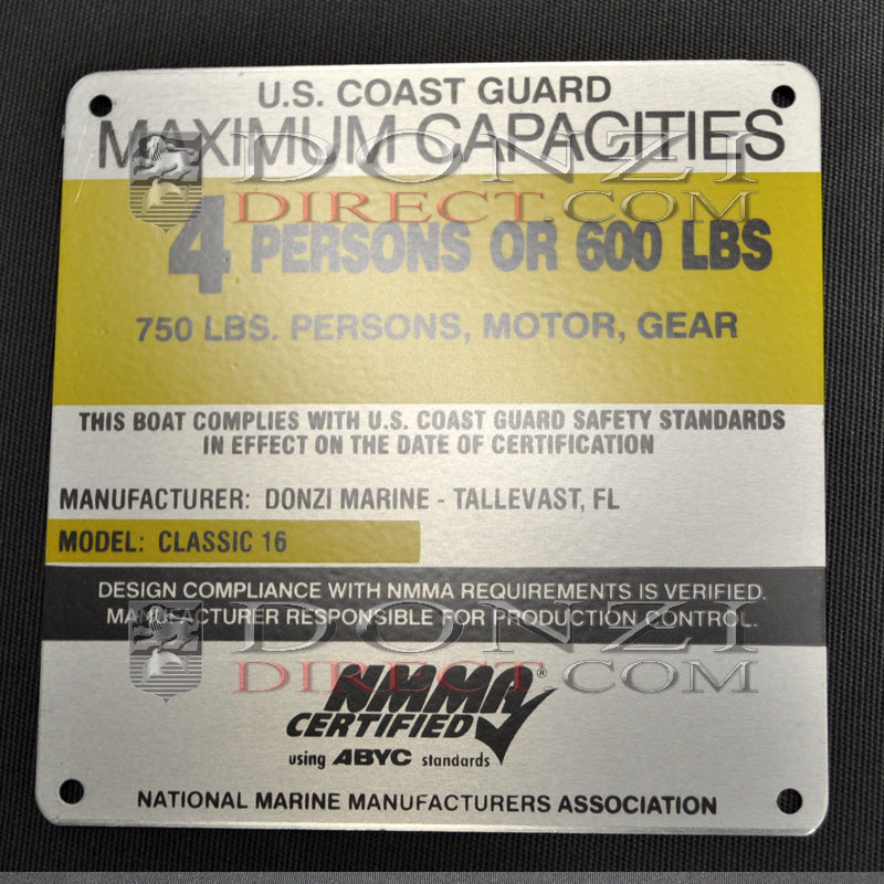 Donzi OEM 16 Classic Capacity Plate
