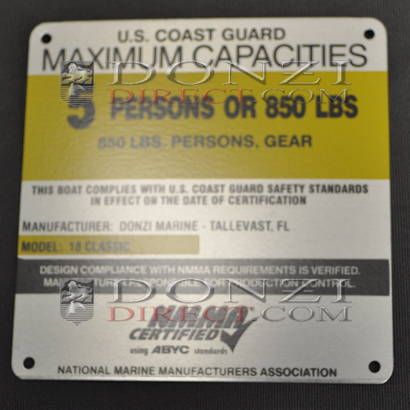 Donzi OEM 18 Classic Capacity Plate