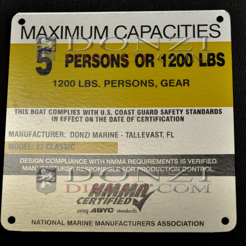 Donzi OEM 22 Classic Capacity Plate